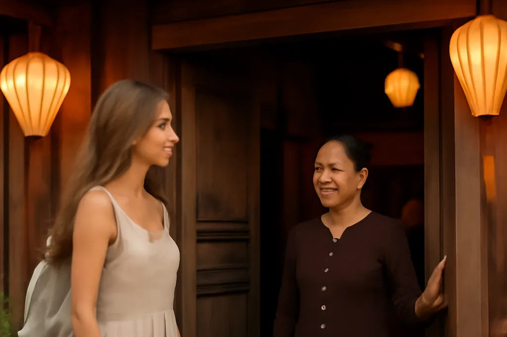 Voyageuse accueillie chaleureusement à l'entrée d'une maison d'hôtes traditionnelle au Vietnam, lanternes allumées le soir