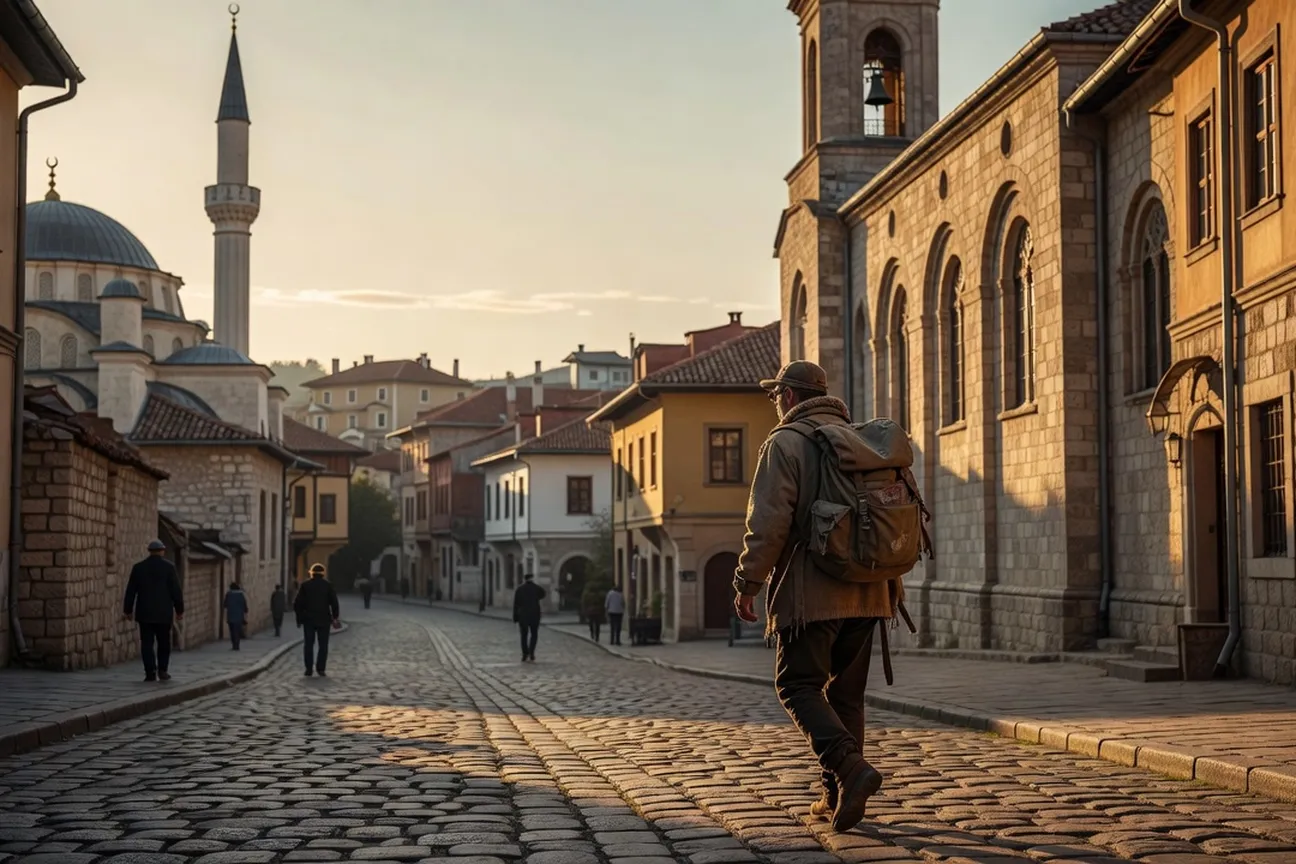 Vue panoramique de Mostar avec le Stari Most et un voyageur lent, heure dorée, Bosnie-Herzégovine
