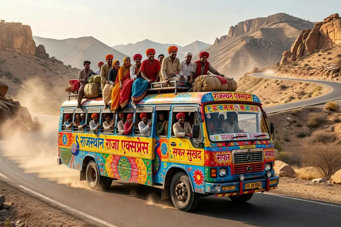 Bus indien coloré sur une route de montagne au Rajasthan — guide des transports en Inde 2026