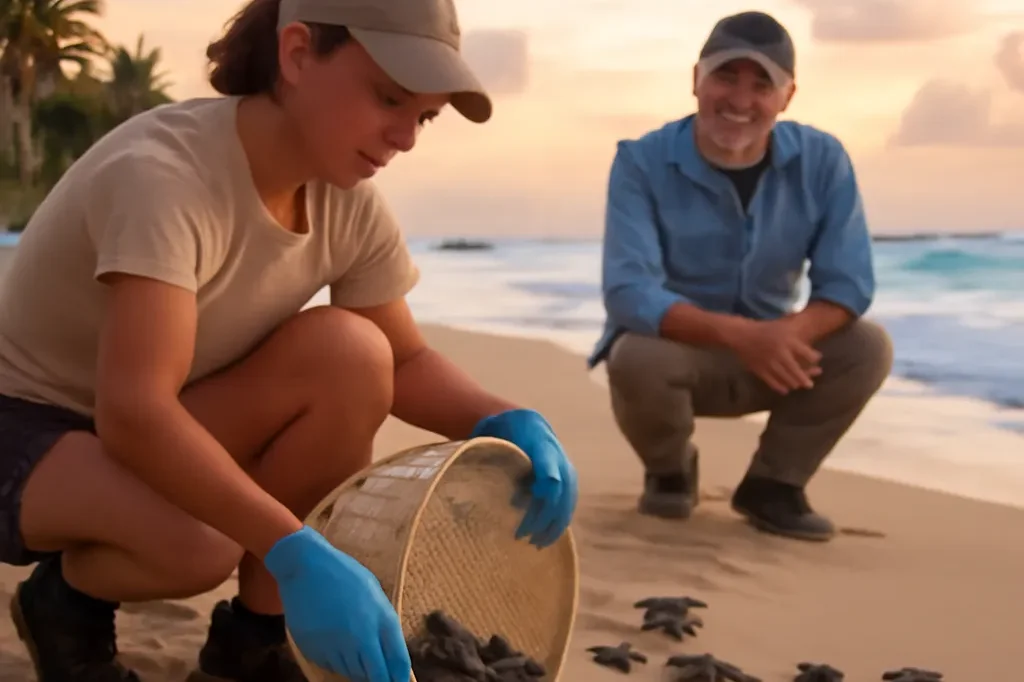 Biologiste marin et volontaires patrouillant sur une plage grecque au lever du soleil pour la conservation des tortues marines