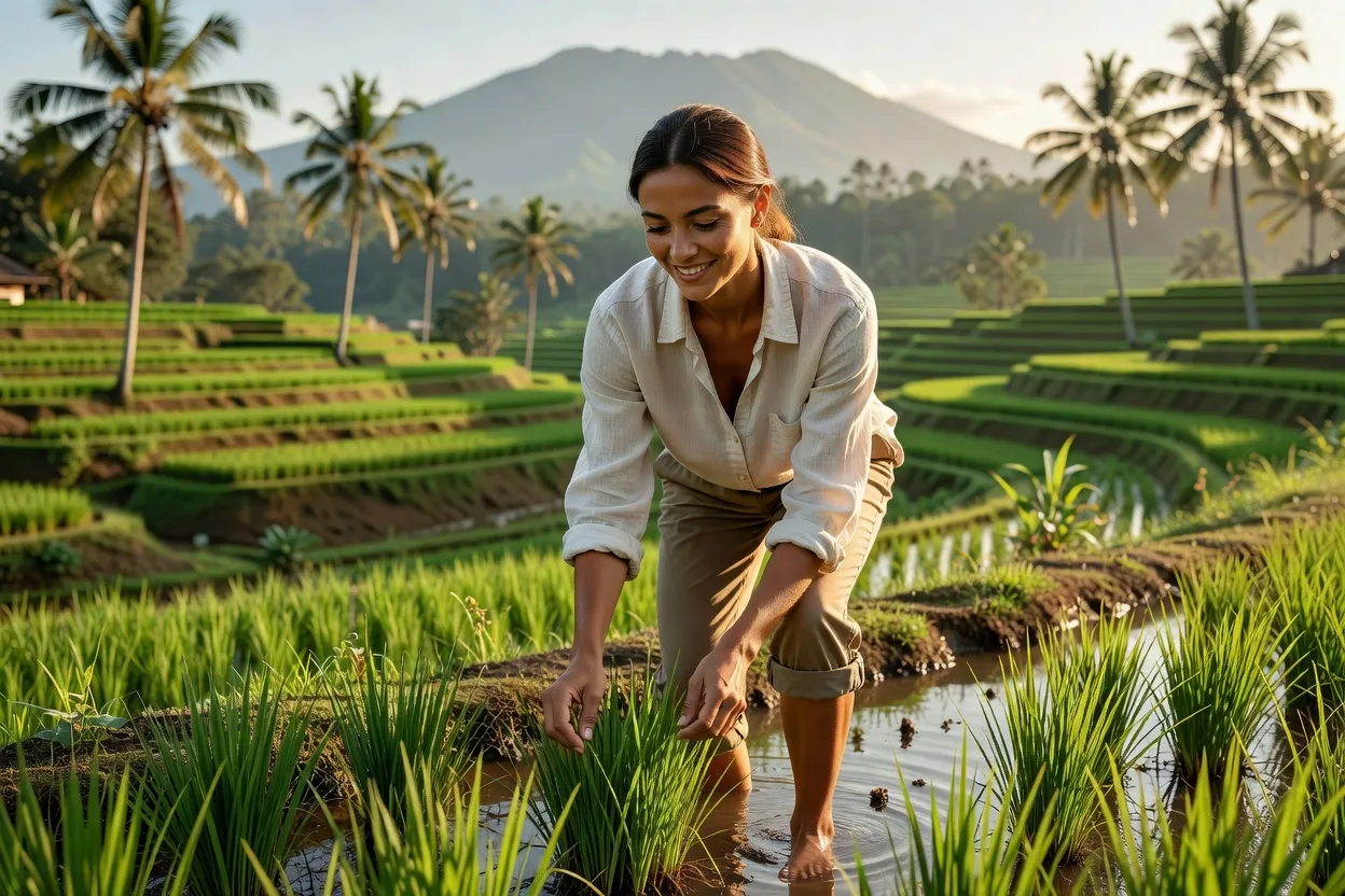 Volontaire souriante travaillant dans une rizière en terrasse à Bali, ferme de permaculture, végétation tropicale luxuriante