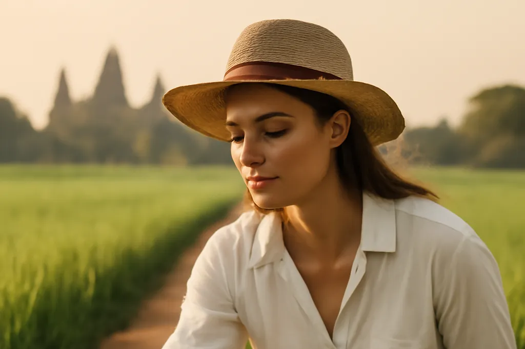 Volontaire souriante travaillant dans un champ de riz près de Siem Reap au Cambodge, terres rouges et palmiers en arrière-plan