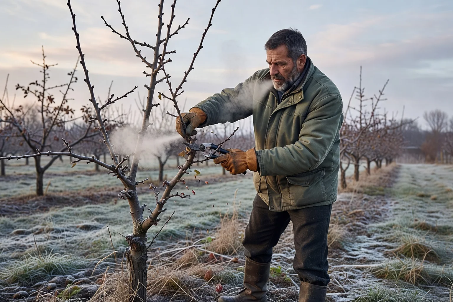 Fermier taillant un arbre fruitier dans un verger givré en hiver, brouillard de souffle dans l'air froid