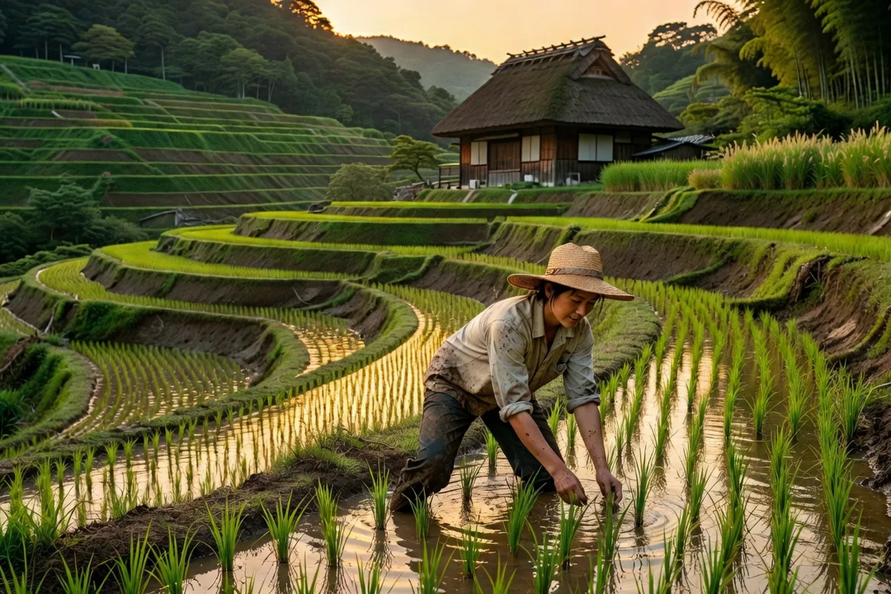 Volontaire woofer travaillant dans une rizière en terrasses au Japon, préfecture de Niigata, paysage rural japonais au printemps