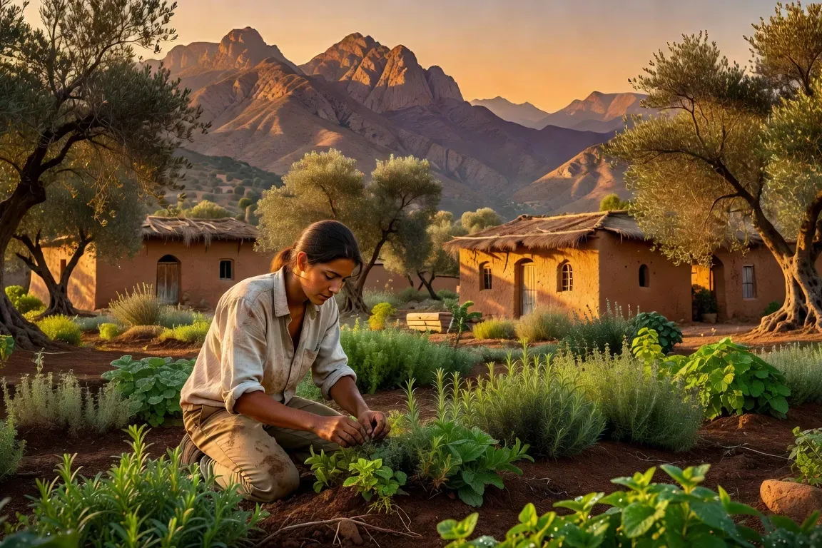 Volontaire woofer dans une ferme bio marocaine avec les montagnes de l'Atlas en arrière-plan