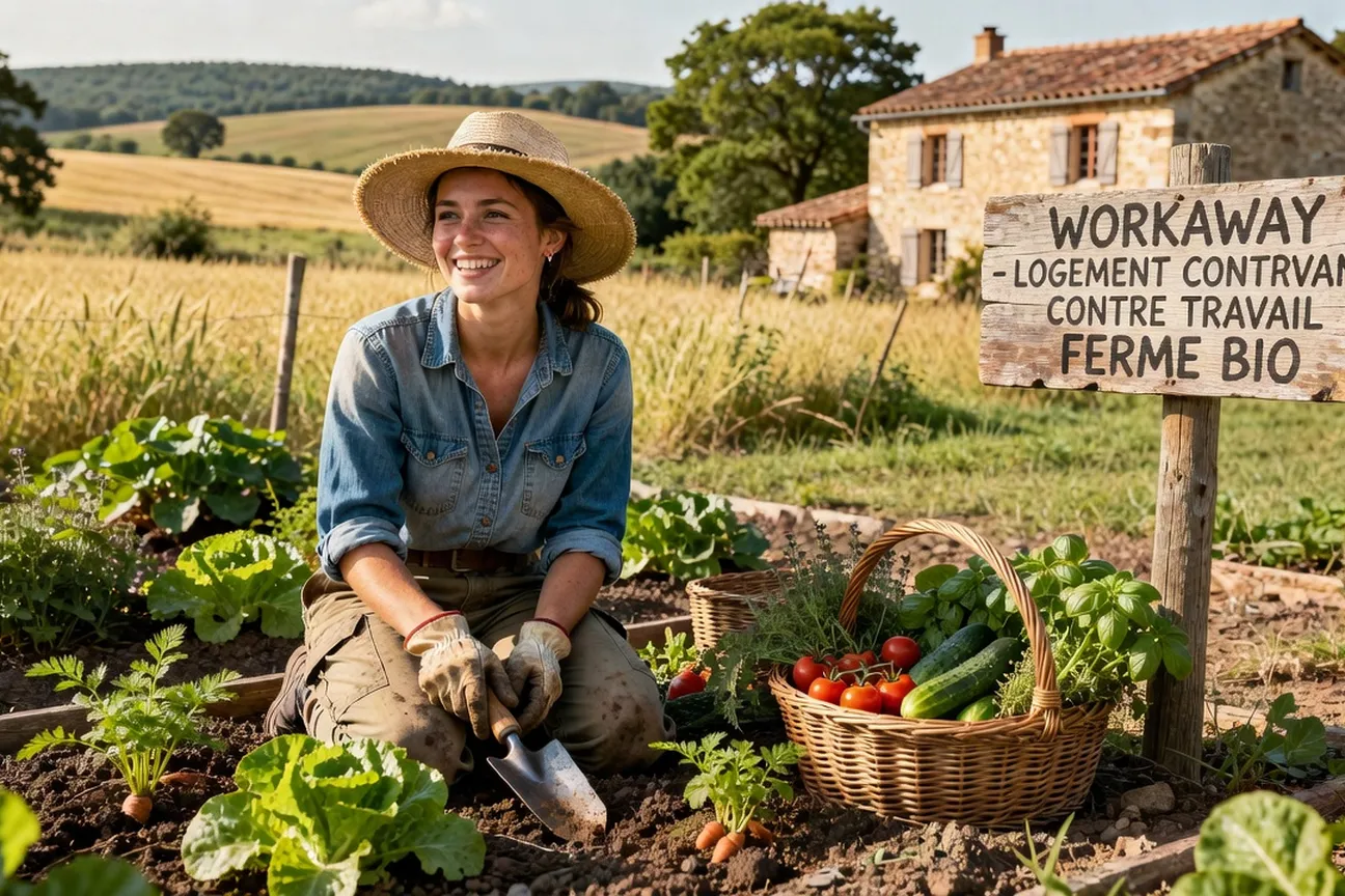 Volontaire Workaway dans un jardin potager en France, échange hébergement contre travail, sourire et outils de jardinage