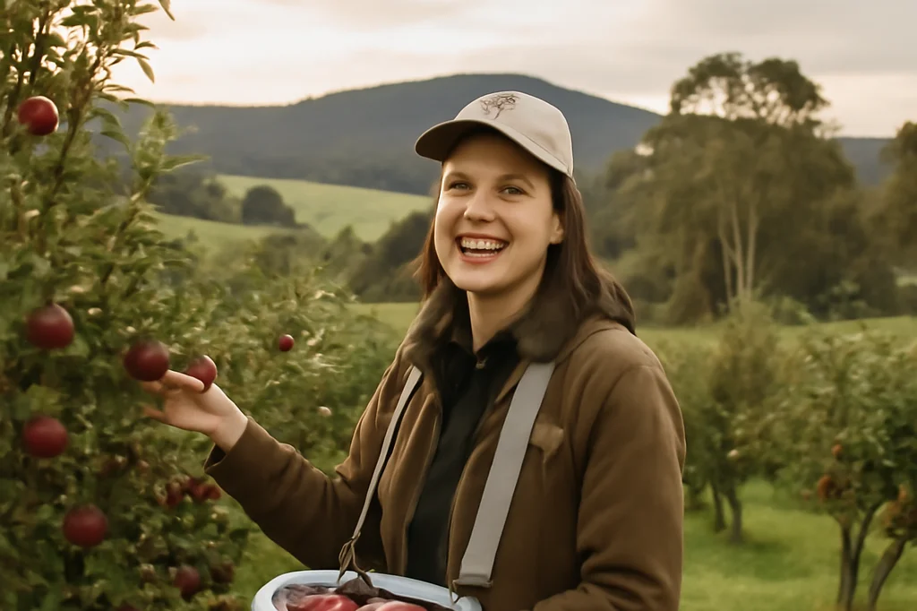 Volontaire souriante récoltant des pommes dans un verger bio de Tasmanie, collines verdoyantes en arrière-plan
