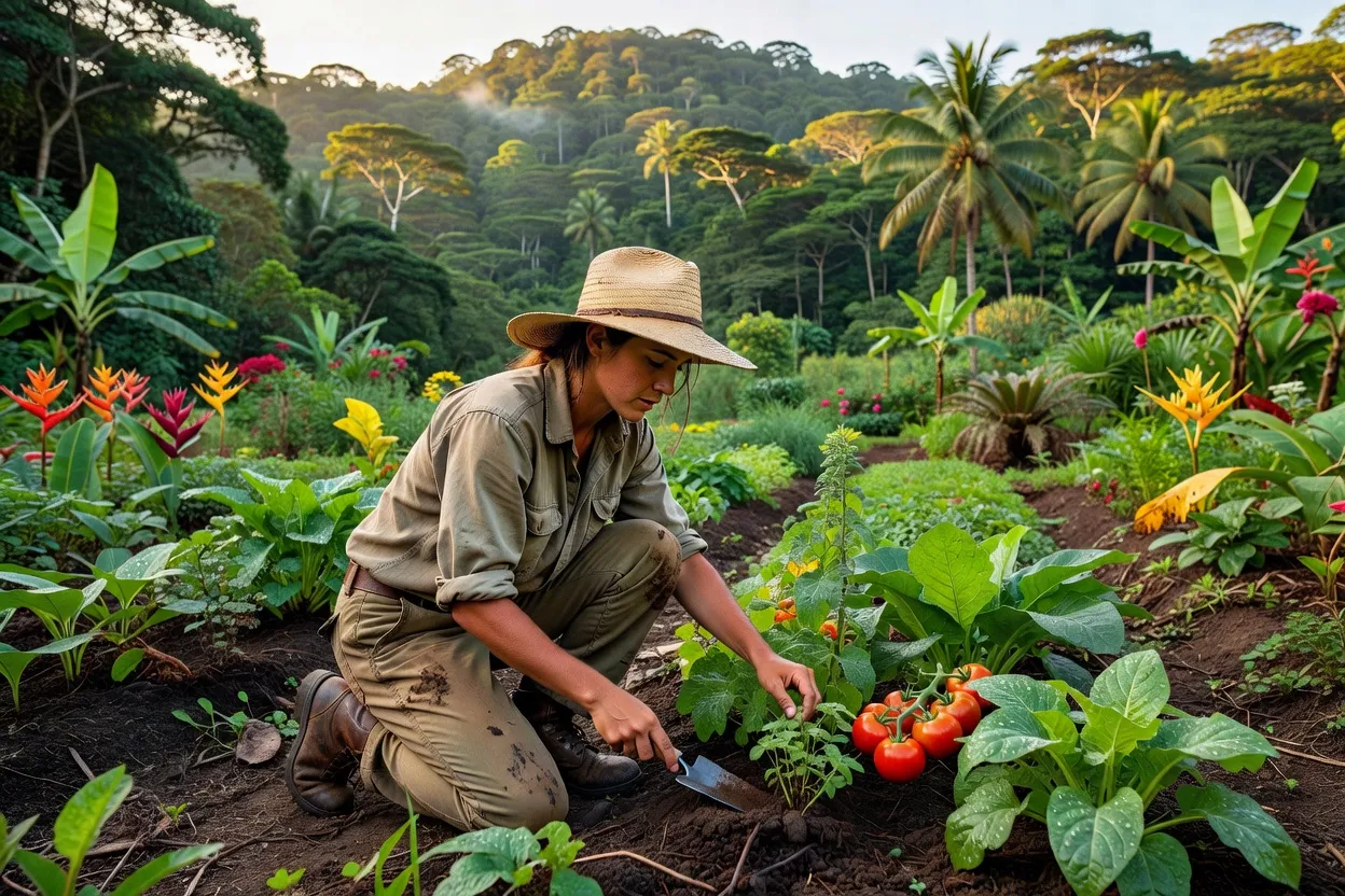 Volontaire WWOOF récoltant des légumes dans une ferme bio tropicale au Costa Rica, forêt en arrière-plan
