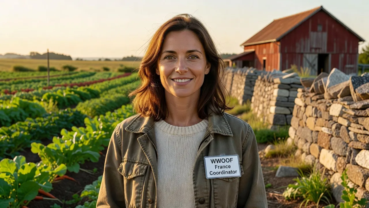 Marie Leblanc, coordinatrice WWOOF France, devant une ferme bio en Bretagne