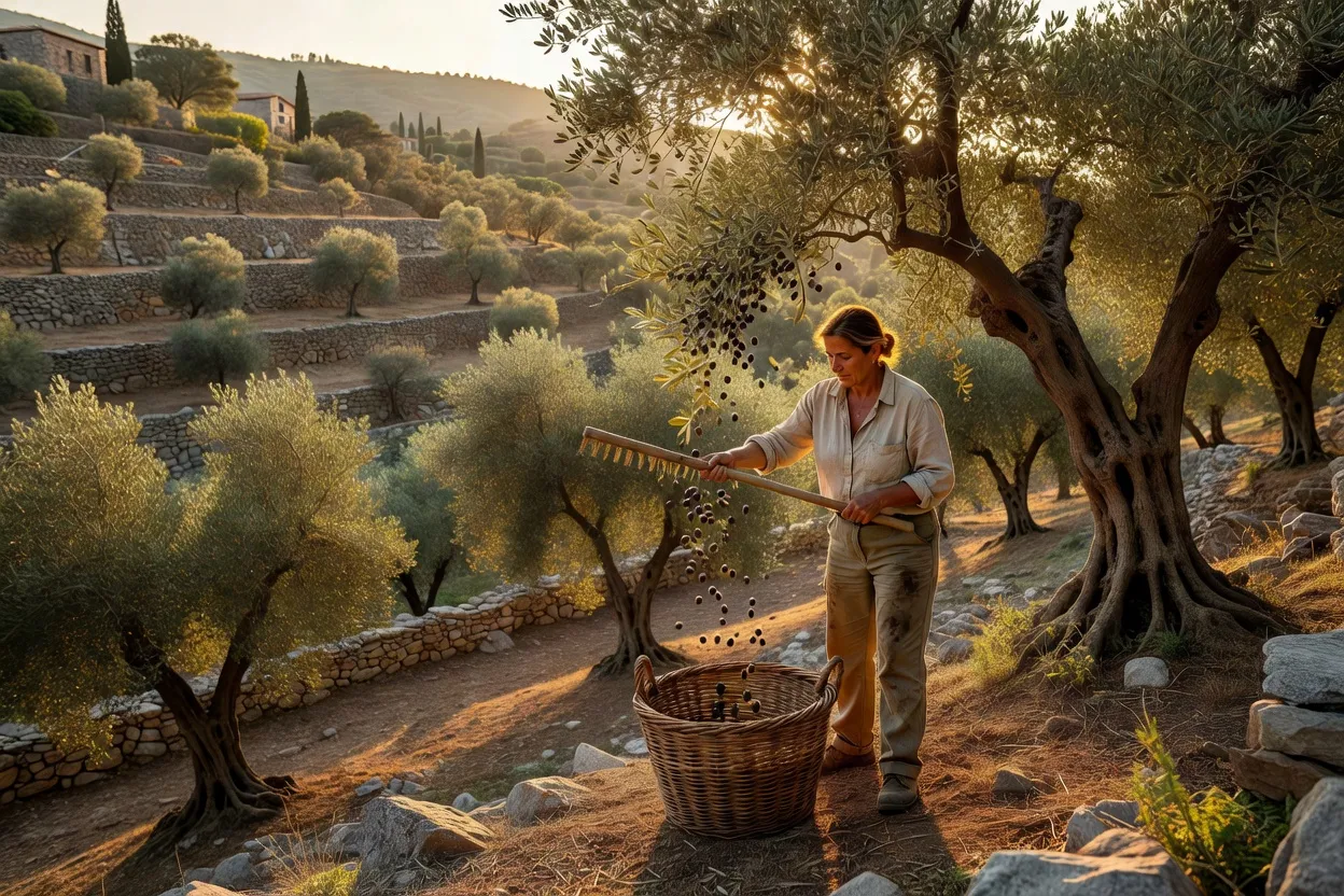 Oliveraie méditerranéenne en terrasses en Grèce avec volontaire WWOOF récoltant des olives