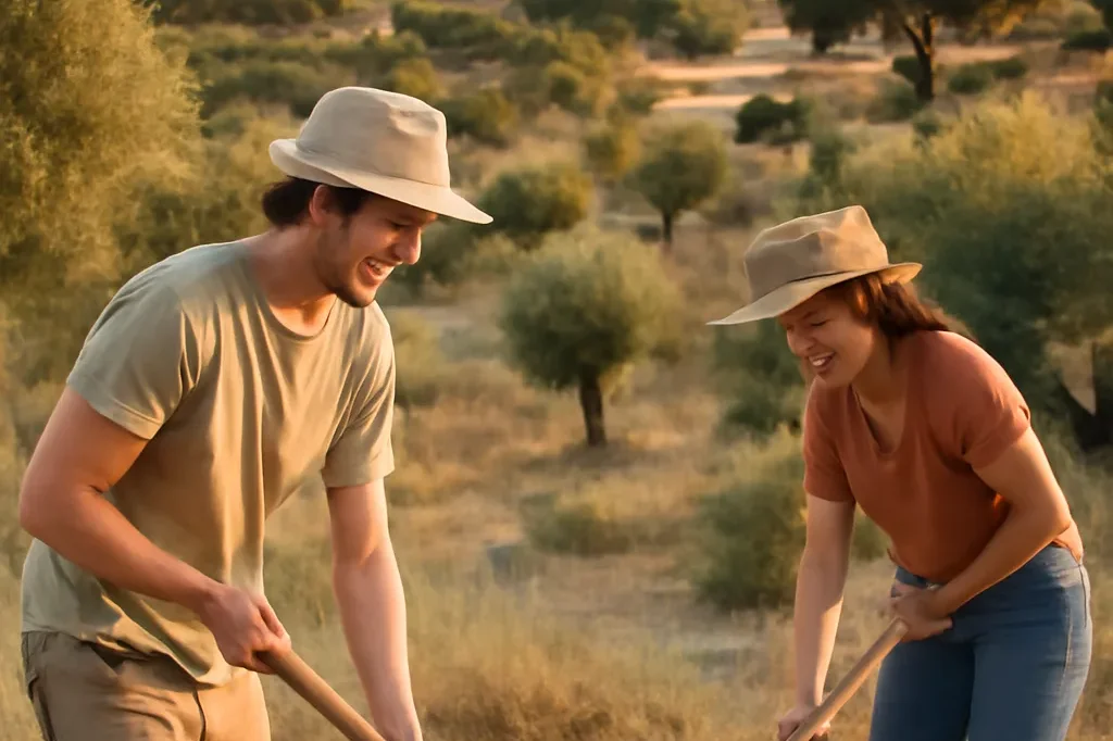 Fermière bio portugaise dans une oliveraie de l'Alentejo au coucher du soleil, portrait extérieur