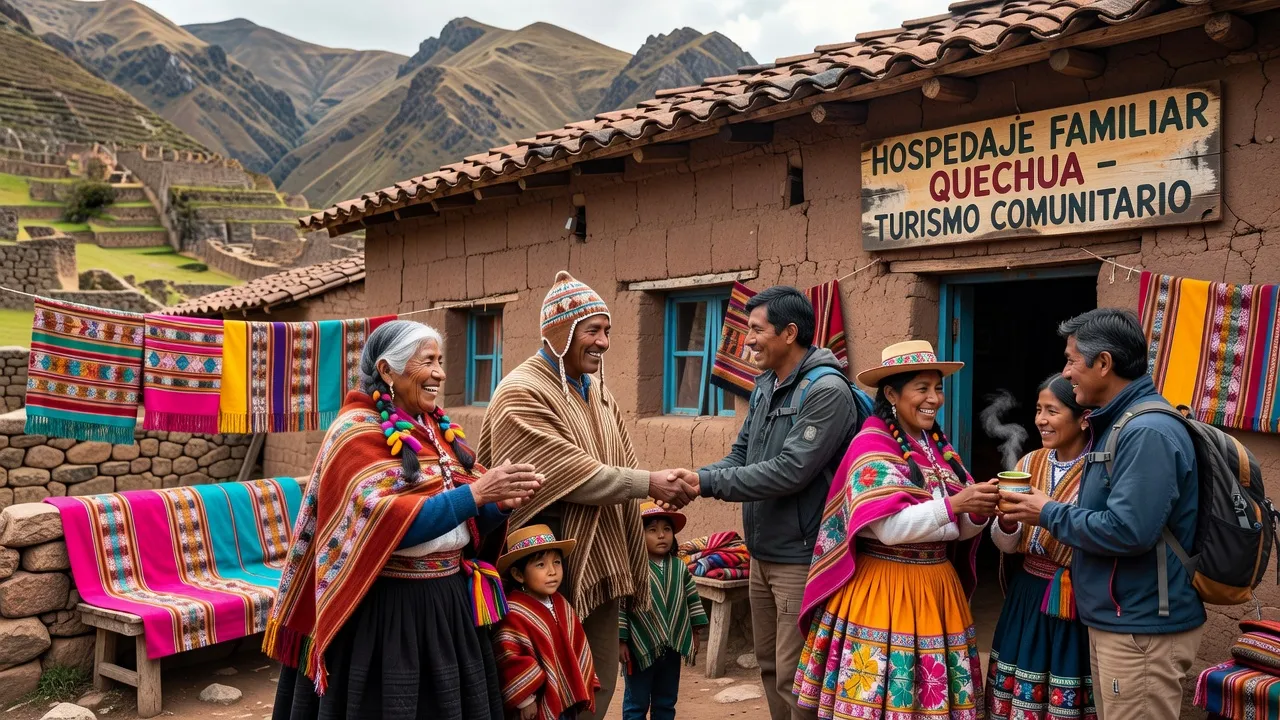 Famille quechua accueillant des voyageurs pour un hébergement communautaire dans la vallée sacrée du Pérou