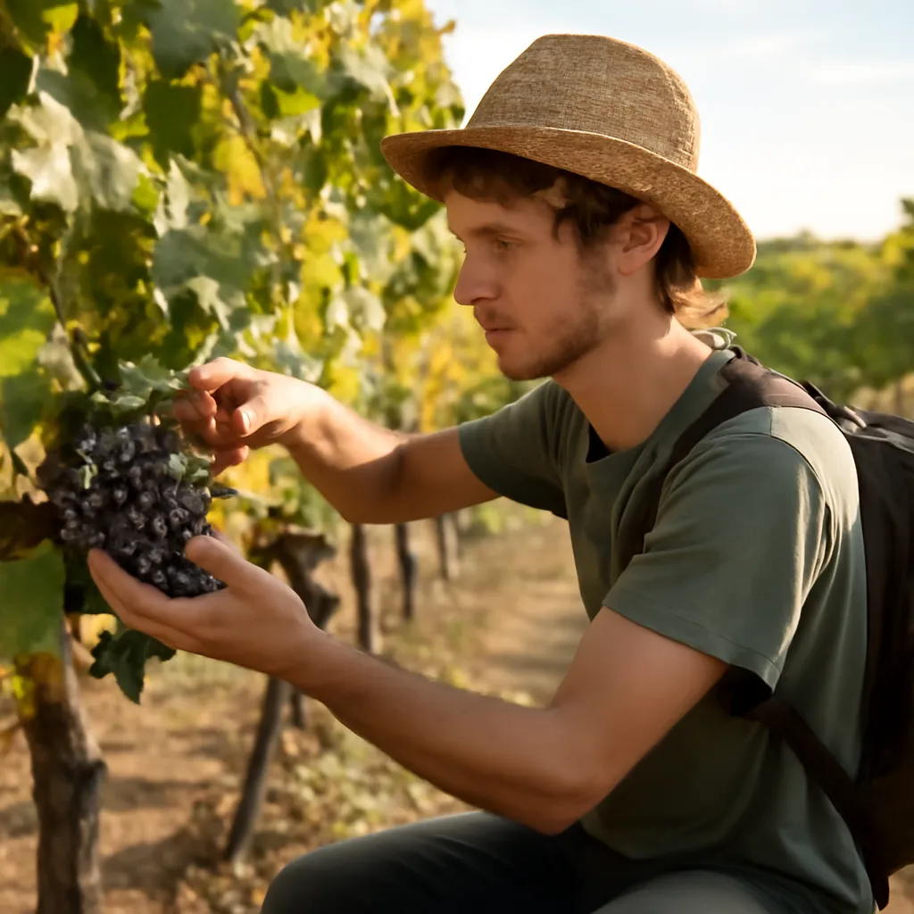 Wwoofer participant aux vendanges dans un vignoble bio de l'Alentejo, panier de raisins à la main