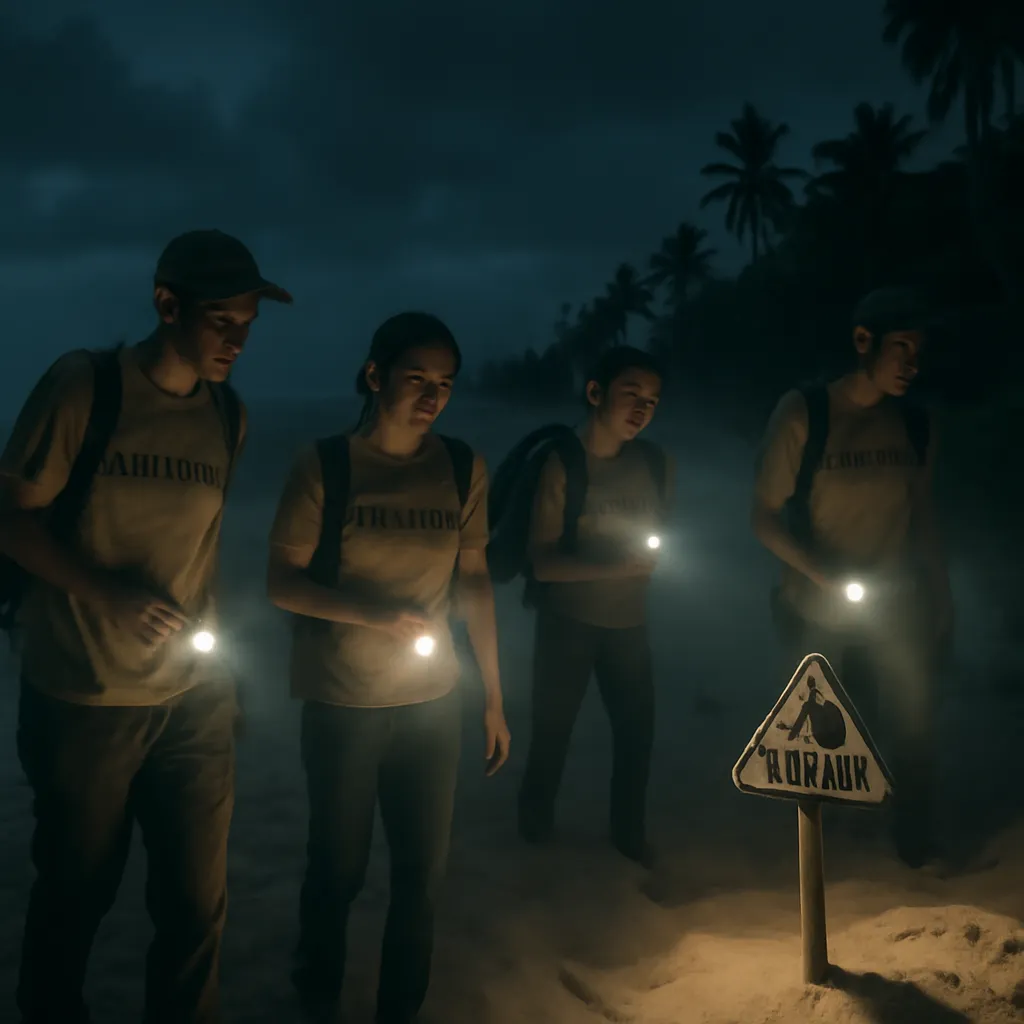 Volontaire équipé d'une lampe frontale et d'un GPS lors d'une patrouille nocturne de comptage des nids de tortues marines