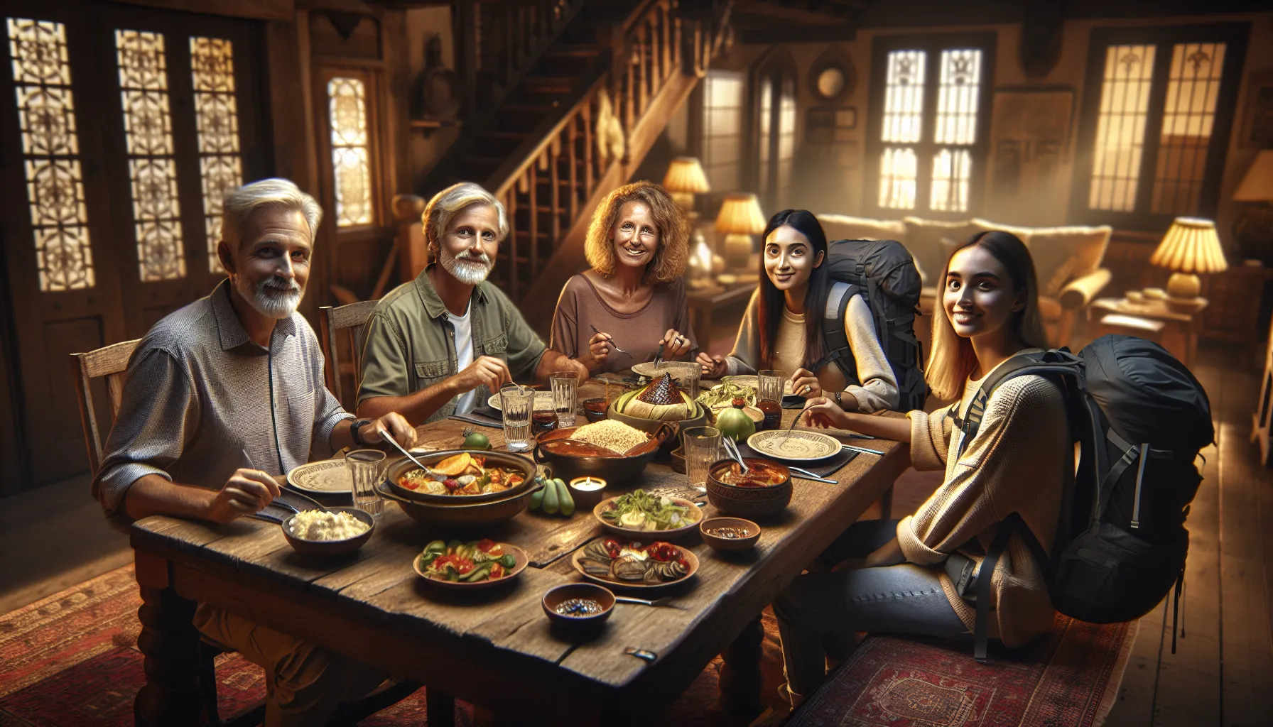Voyageur accueilli par une famille locale dans sa maison traditionnelle