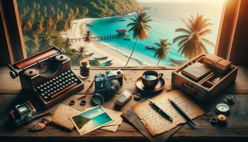 Bureau de voyageur avec carte postale et appareil photo