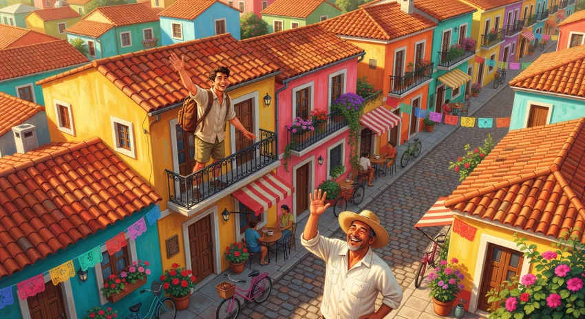 Vue sur un quartier coloré avec un voyageur accueilli chez l'habitant