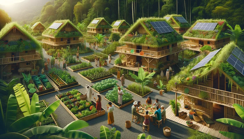 Communauté d'un écovillage tropical avec maisons en bambou