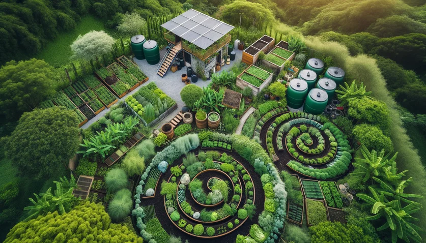 Jardin en permaculture vu du ciel avec spirale d'herbes aromatiques