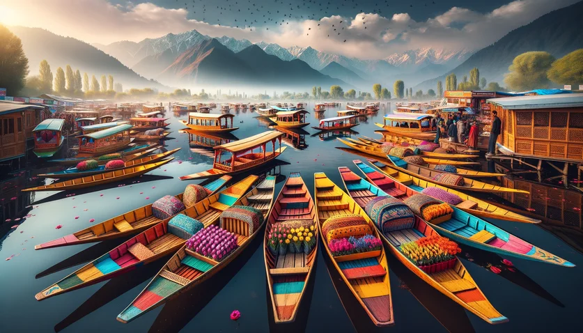 Bateaux colorés sur le lac Dal au Cachemire, Inde