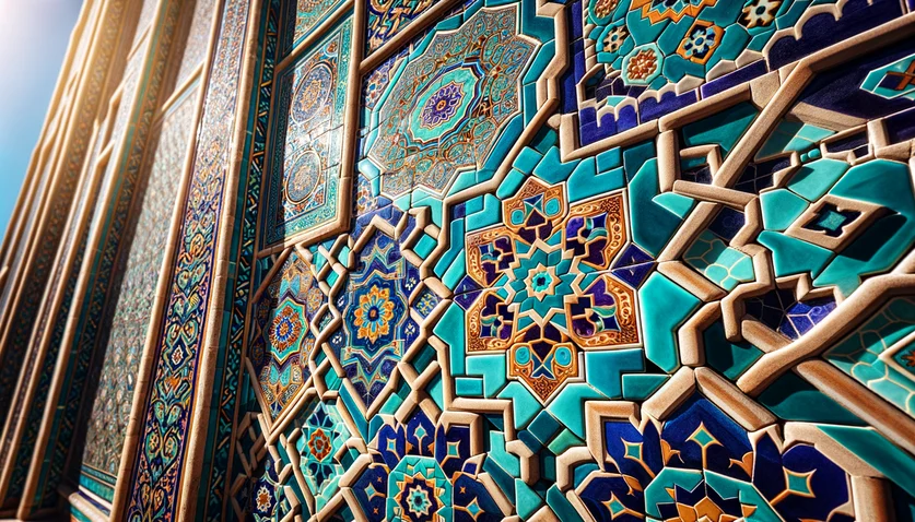 Détails de mosaïques sur une médersa à Samarcande