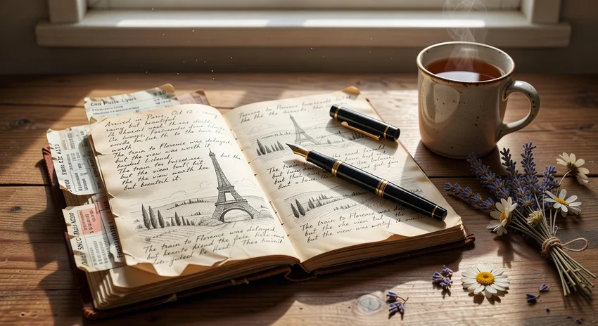 Carnet de voyage manuscrit avec croquis et billets