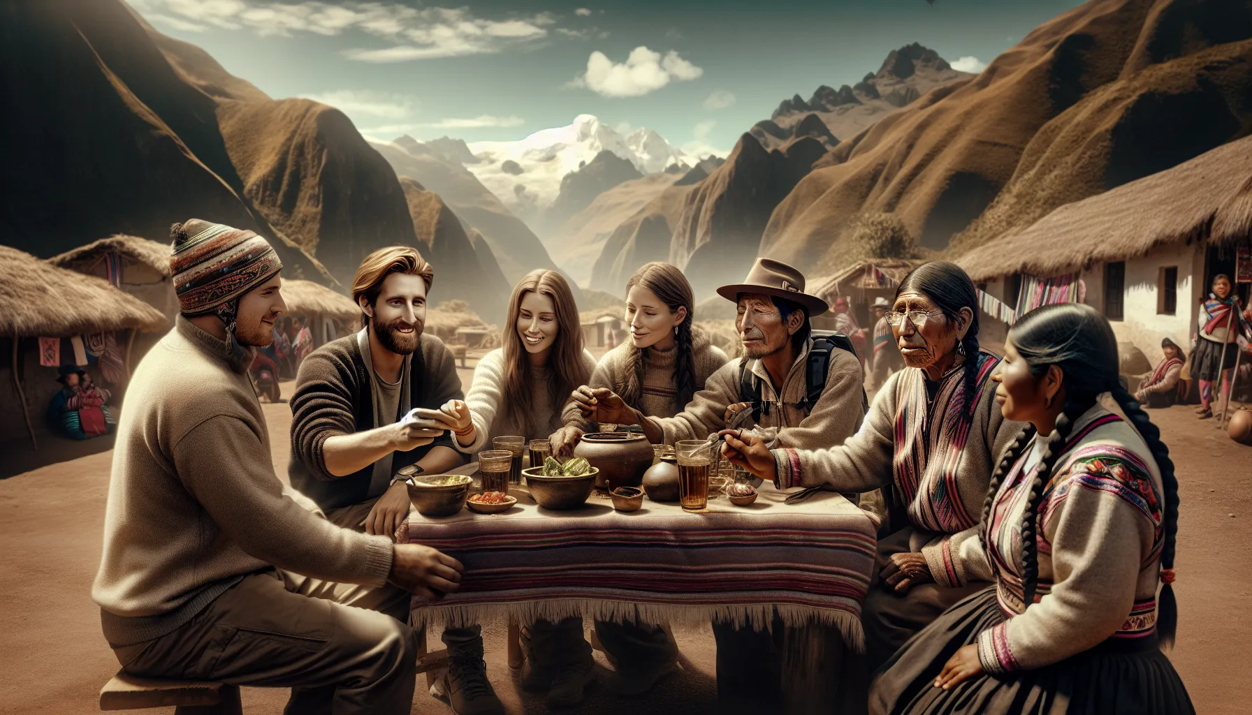 Voyageurs partageant un repas avec une communauté locale dans un village