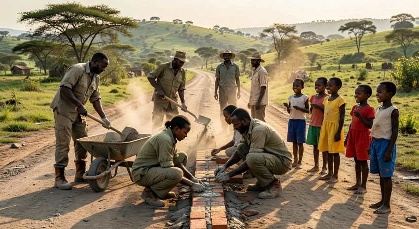 Volontaires construisant une école dans un village africain