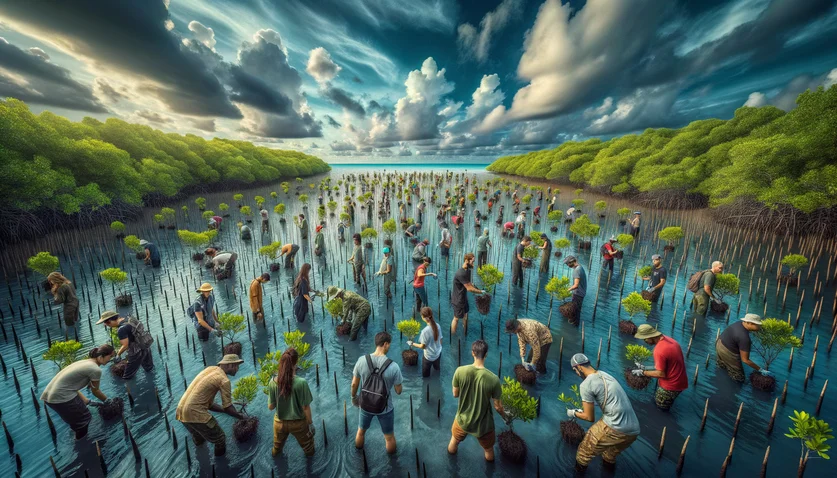 Volontaires plantant des mangroves dans une zone côtière tropicale