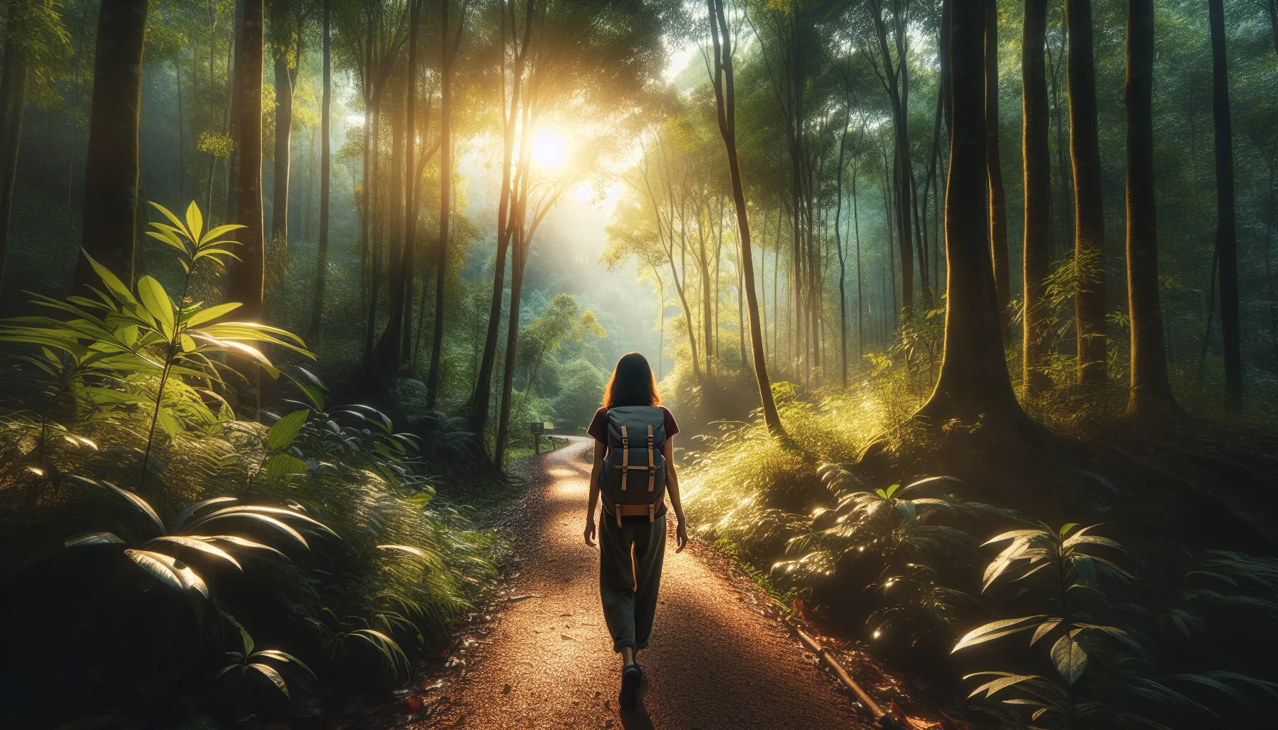 Voyageur marchant sur un sentier nature avec un sac à dos éco-responsable