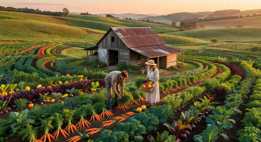 Ferme bio en permaculture vue du ciel avec des volontaires