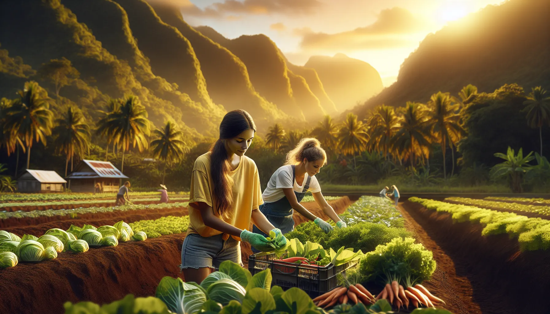 Wwoofeur r&eacute;coltant des l&eacute;gumes bio dans une ferme europ&eacute;enne au lever du soleil