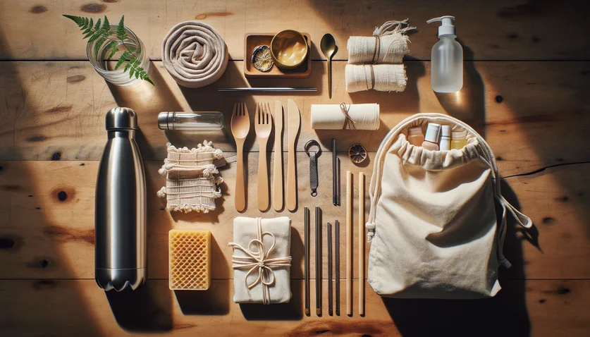 Kit de voyage zéro déchet avec gourde, couverts bambou et sac réutilisable