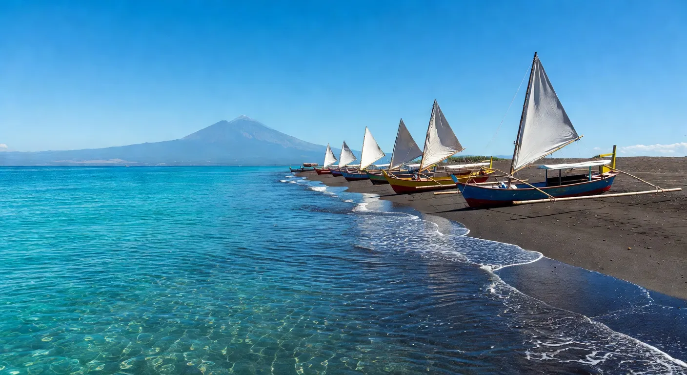 Voyageur en snorkeling au-dessus d'un récif corallien à Amed avec barques traditionnelles