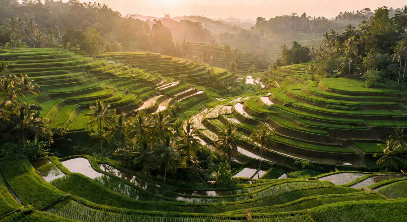 Rizières en terrasses de Bali avec un paysan balinais au lever du soleil