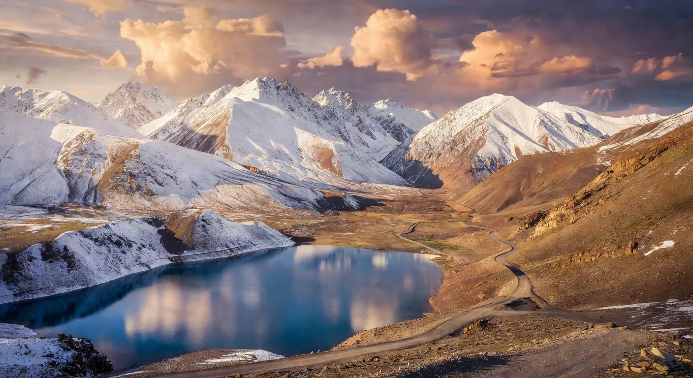 Paysage de la Route du Pamir au Tadjikistan avec sommets enneiges et lac d'altitude